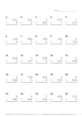 Three by One Digit Problem Set AI Multiplication Worksheet