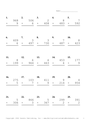 Three by One Digit Problem Set AJ Multiplication Worksheet