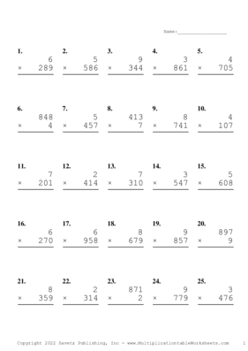 Three by One Digit Problem Set AK Multiplication Worksheet