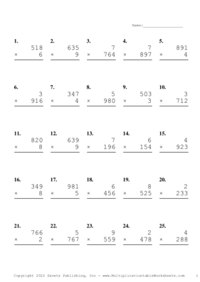 Three by One Digit Problem Set AL Multiplication Worksheet