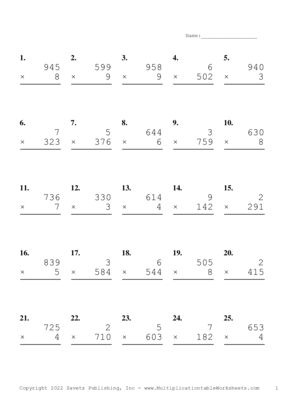 Three by One Digit Problem Set AM Multiplication Worksheet