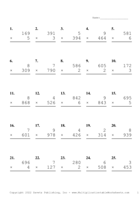 Three by One Digit Problem Set AN Multiplication Worksheet
