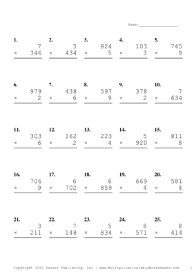 Three by One Digit Problem Set AO Multiplication Worksheet