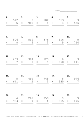 Three by One Digit Problem Set AP Multiplication Worksheet