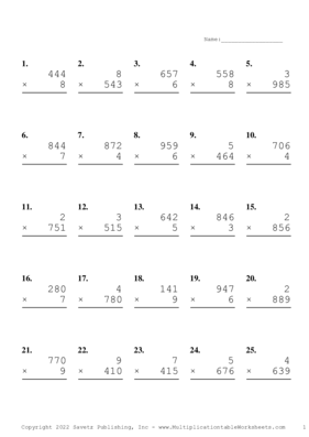 Three by One Digit Problem Set AQ Multiplication Worksheet