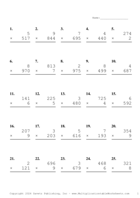 Three by One Digit Problem Set AR Multiplication Worksheet