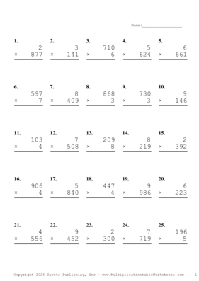Three by One Digit Problem Set AX Multiplication Worksheet