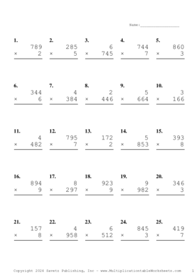 Three by One Digit Problem Set AZ Multiplication Worksheet