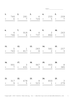 Three by One Digit Problem Set B Multiplication Worksheet