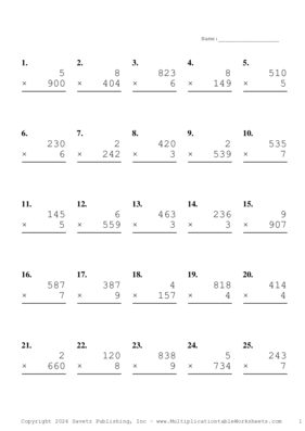 Three by One Digit Problem Set BA Multiplication Worksheet