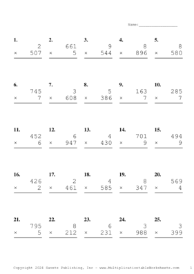 Three by One Digit Problem Set BB Multiplication Worksheet