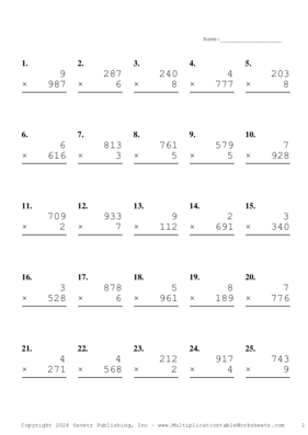 Three by One Digit Problem Set BC Answers