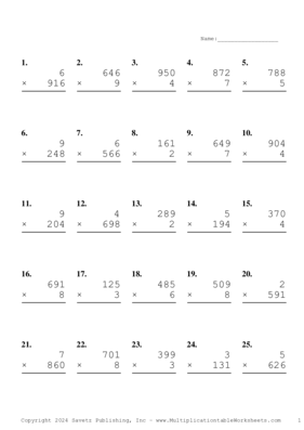 Three by One Digit Problem Set BE Multiplication Worksheet