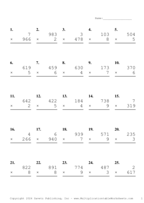 Three by One Digit Problem Set BF Multiplication Worksheet