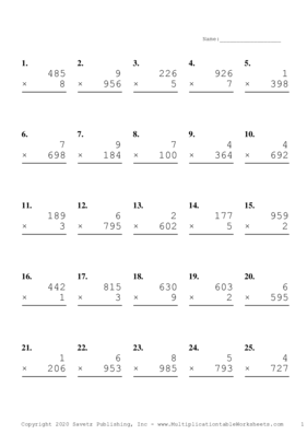 Three by One Digit Problem Set C Multiplication Worksheet