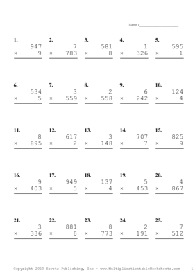 Three by One Digit Problem Set D Multiplication Worksheet
