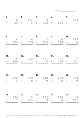 Three by One Digit Problem Set F Multiplication Worksheet