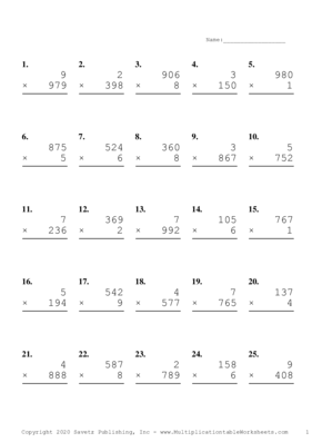 Three by One Digit Problem Set G Multiplication Worksheet