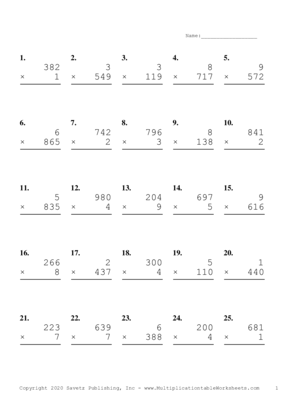 Three by One Digit Problem Set H Multiplication Worksheet