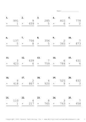Three by One Digit Problem Set J Multiplication Worksheet