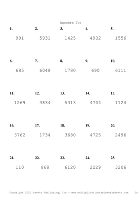 Three by One Digit Problem Set J Answers