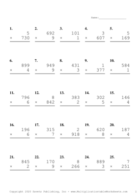 Three by One Digit Problem Set L Multiplication Worksheet