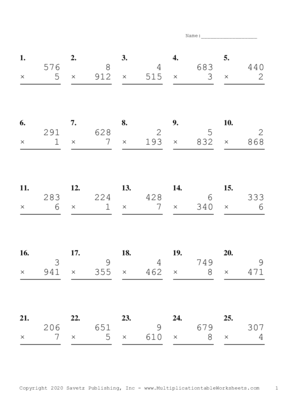 Three by One Digit Problem Set N Multiplication Worksheet