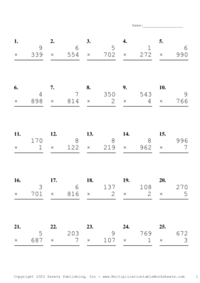 Three by One Digit Problem Set O Multiplication Worksheet