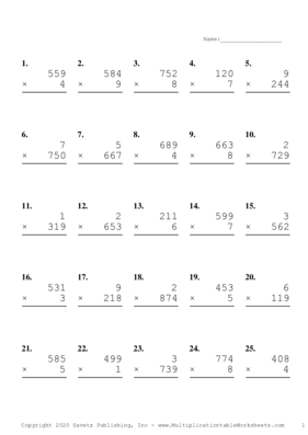 Three by One Digit Problem Set P Multiplication Worksheet