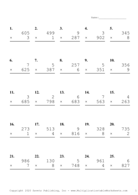 Three by One Digit Problem Set Q Multiplication Worksheet