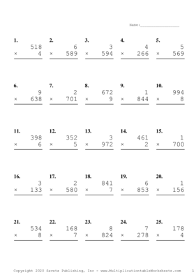 Three by One Digit Problem Set R Multiplication Worksheet