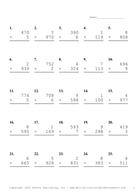 Three by One Digit Problem Set S Multiplication Worksheet