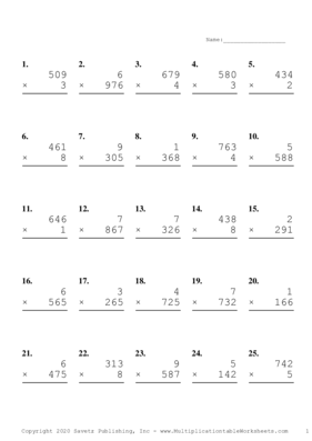 Three by One Digit Problem Set T Multiplication Worksheet