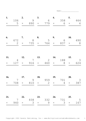 Three by One Digit Problem Set U Multiplication Worksheet