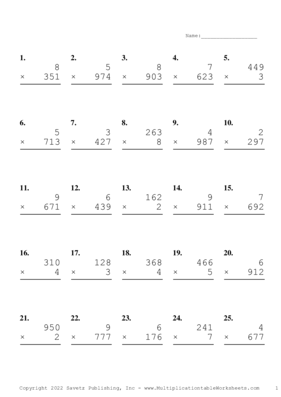 Three by One Digit Problem Set W Multiplication Worksheet