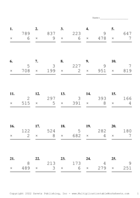 Three by One Digit Problem Set X Multiplication Worksheet