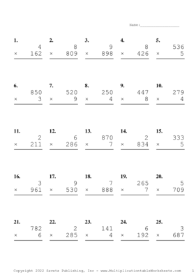 Three by One Digit Problem Set Y Multiplication Worksheet
