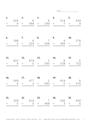 Three by One Digit Problem Set Z Multiplication Worksheet