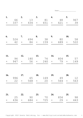Three by Two Digit Problem Set A Multiplication Worksheet