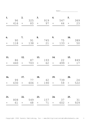 Three by Two Digit Problem Set AA Multiplication Worksheet
