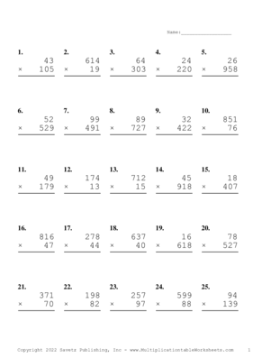 Three by Two Digit Problem Set AB Multiplication Worksheet