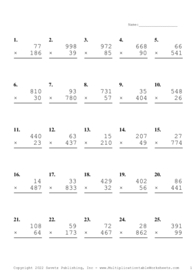 Three by Two Digit Problem Set AC Multiplication Worksheet