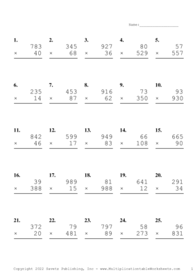 Three by Two Digit Problem Set AD Multiplication Worksheet