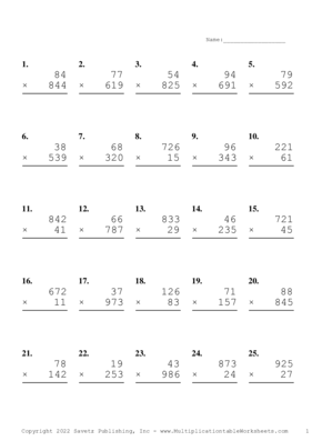 Three by Two Digit Problem Set AE Multiplication Worksheet