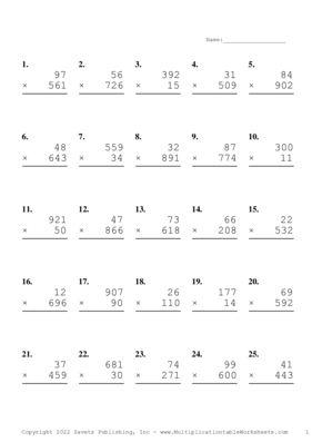 Three by Two Digit Problem Set AF Multiplication Worksheet
