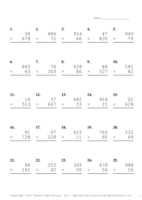 Three by Two Digit Problem Set AG Multiplication Worksheet