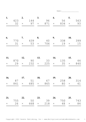 Three by Two Digit Problem Set AH Multiplication Worksheet