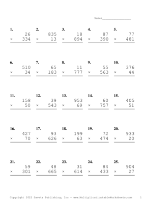 Three by Two Digit Problem Set AI Multiplication Worksheet