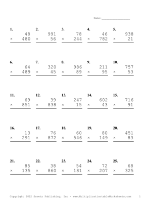 Three by Two Digit Problem Set AJ Multiplication Worksheet