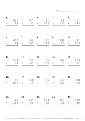 Three by Two Digit Problem Set AL Multiplication Worksheet